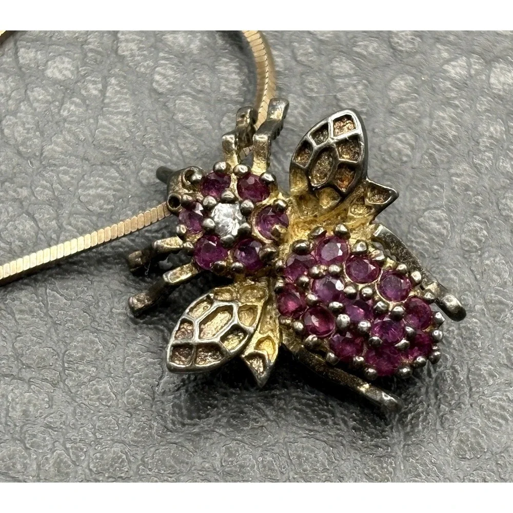 Vintage Insect Bee Ruby Sterling Silver Pendant Brooch & Chain Necklace 17